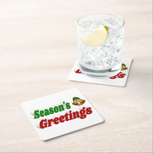 Seasons Greetings Bells Christmas typography Square Paper Coaster