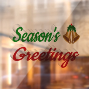 Seasons Greetings Bells red green script Christmas Window Cling