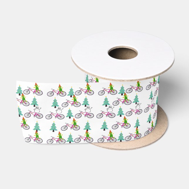 Seasons Greetings, Bicycle Merry Christmas Snowman Satin Ribbon (Spool)