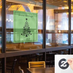 Seasons Greetings Black Christmas Tree on Green Window Cling