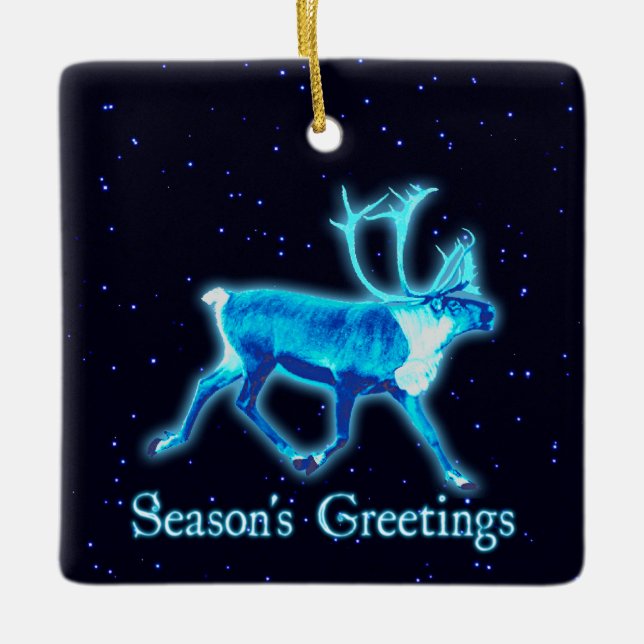 Season's Greetings - Blue Caribou (Reindeer) Ceramic Ornament (Front)