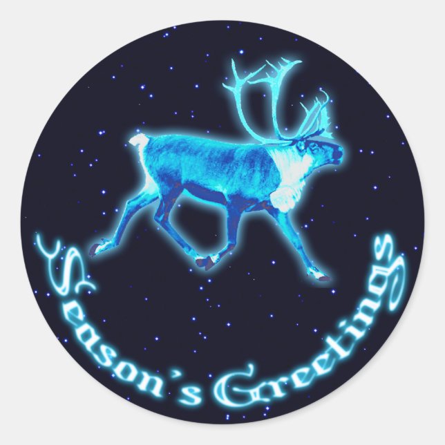 Season's Greetings - Blue Caribou (Reindeer) Classic Round Sticker (Front)