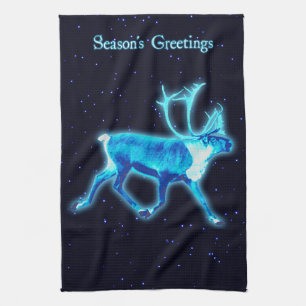 Season's Greetings - Blue Caribou (Reindeer) Kitchen Towel