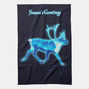 Season's Greetings - Blue Caribou (Reindeer) Kitchen Towel