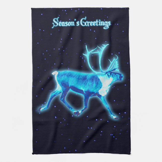 Season's Greetings - Blue Caribou (Reindeer) Kitchen Towel (Vertical)