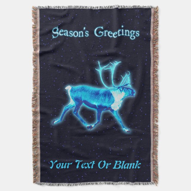 Season's Greetings - Blue Caribou (Reindeer) Throw Blanket (Front Vertical)