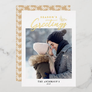Season's Greetings Calligraphy Photo Gold Foil Holiday Card