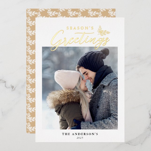 Season's Greetings Calligraphy Photo Gold Foil Holiday Card (Front/Back)