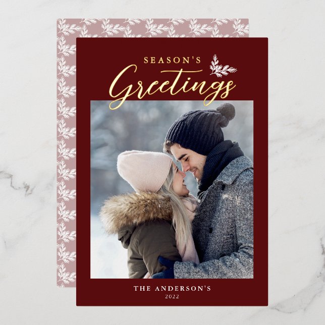Season's Greetings Calligraphy Photo Red Gold Foil Holiday Card (Front/Back)