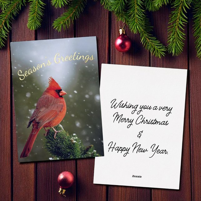 Season's Greetings Cardinal On Evergreen In Snow Foil Holiday Card (Cover and template back flat Christmas card)