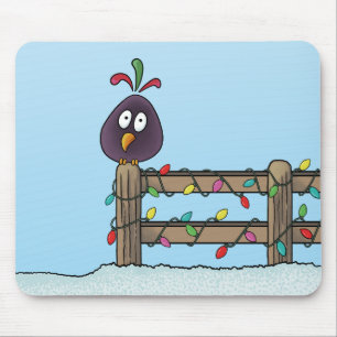 Seasons Greetings Cartoon Bird on Fence Mouse Pad