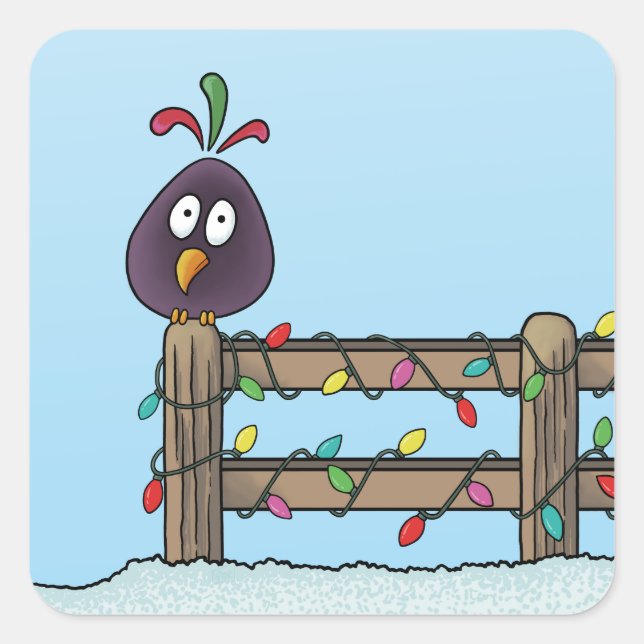 Seasons Greetings Cartoon Bird on Fence Square Sticker (Front)