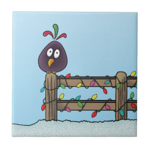 Seasons Greetings Cartoon Bird on Fence Tile