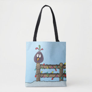 Seasons Greetings Cartoon Bird on Fence Tote Bag