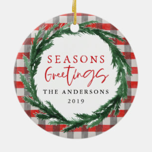 Seasons greetings check + wreath Christmas photo Ceramic Ornament