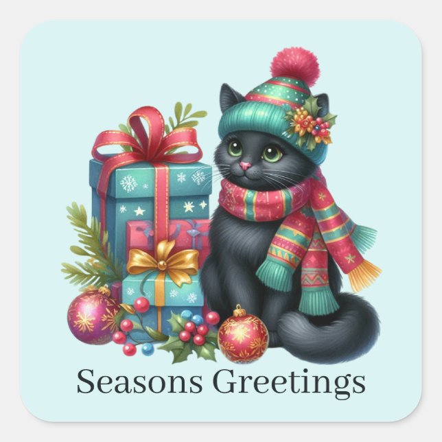 Seasons greetings Christmas cat add text  Square Sticker (Front)