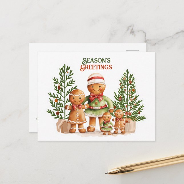 Season's Greetings Christmas Gingerbread Family Postcard (Front/Back In Situ)