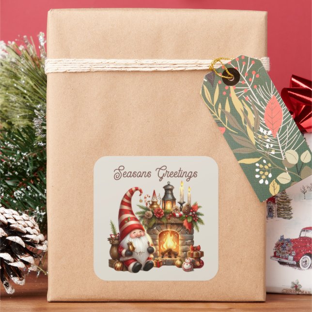 Seasons Greetings Christmas gnome Square Sticker (Holiday)