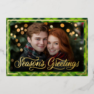 Seasons Greetings | Christmas Green Plaid Photo Foil Holiday Card
