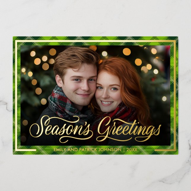 Seasons Greetings | Christmas Green Plaid Photo Foil Holiday Card (Front)