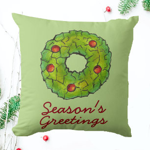 Season's Greetings Christmas Holly Wreath Cookie Throw Pillow