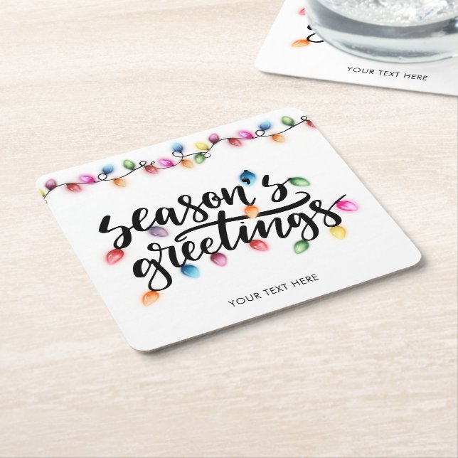 Seasons Greetings Christmas Lights Colourful Square Paper Coaster (Angled)