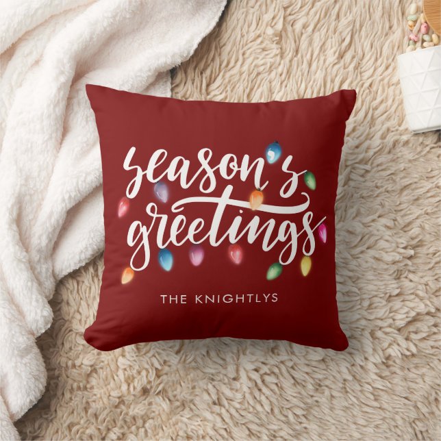 Seasons Greetings Christmas Lights Name Red Throw Pillow (Blanket)