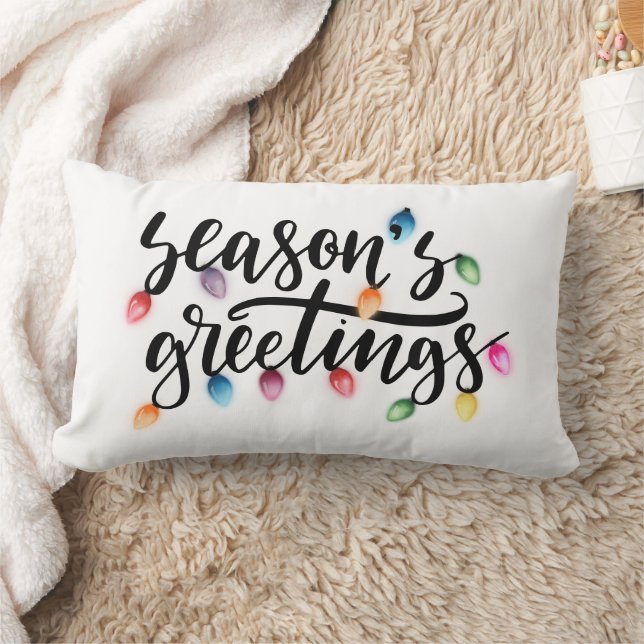 Seasons Greetings Christmas Lights White Lumbar Pillow (Blanket)