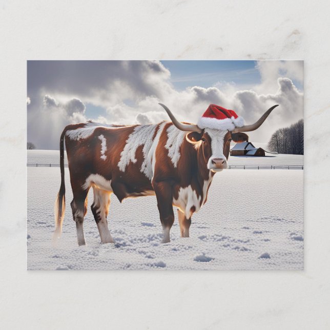 Season's Greetings Christmas Longhorn Cow Holiday Postcard (Front)