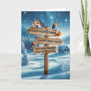 Seasons Greetings Christmas Robins on a Signpost Holiday Card