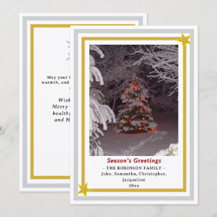 Season's Greetings Christmas Tree Stars Snowflake Holiday Card