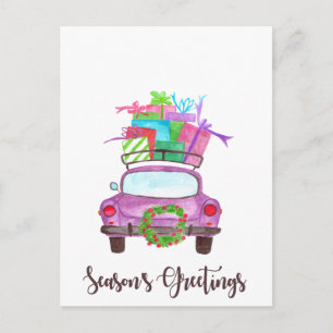 Season's Greetings Classic Car Watercolor Postcard