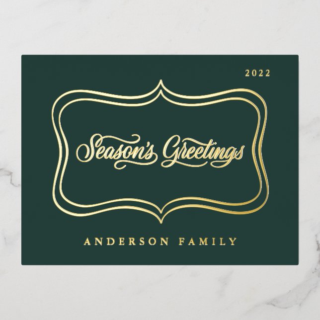 Season's Greetings Classic Gold Frame Foil Holiday Postcard (Front)