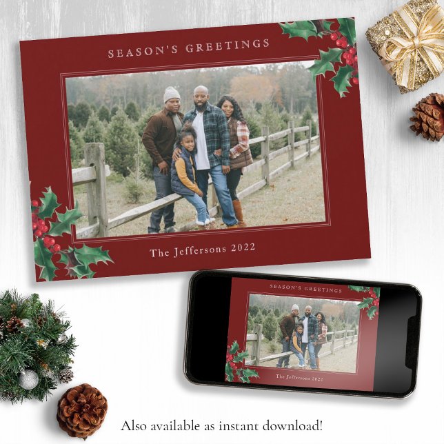 Season's Greetings Classic Holly Red Christmas  Card (Season's Greetings Classic Holly Red Christmas Card)