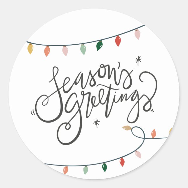 Season's Greetings Colourful String of Lights Classic Round Sticker (Front)
