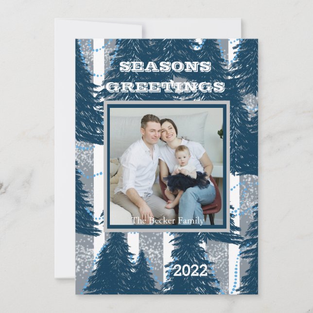 Seasons Greetings Custom Navy Silver Pine Trees  H Holiday Card (Front)