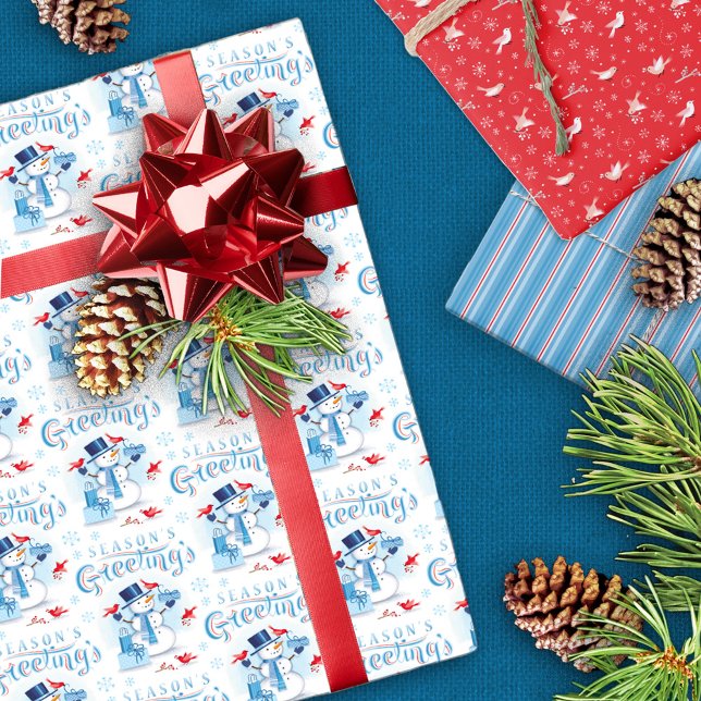 Season's Greetings Cute Blue Snowman Redbirds Wrapping Paper Sheet (Creator Uploaded)