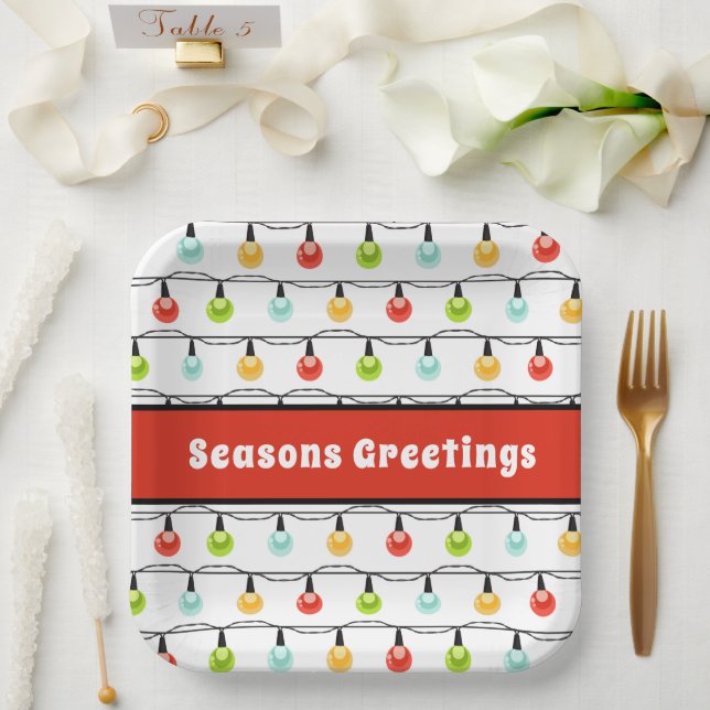 Seasons Greetings | Cute Christmas Lights Strings  Paper Plate (Wedding)
