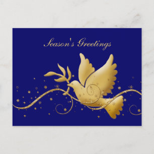 Season's greetings" "dove of peace" gold blue holiday postcard