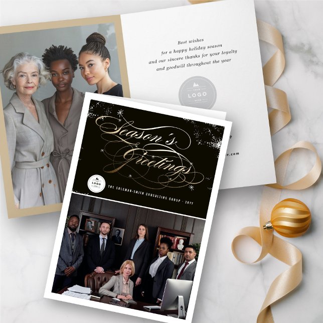 Season's Greetings Elegant Gold Script Business Holiday Card (Creator Uploaded)