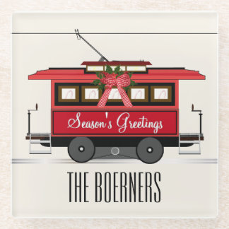 Season's Greetings Family Tram Trolley Streetcar Glass Coaster