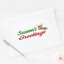 Seasons Greetings Flying Reindeer Christmas script Oval Sticker