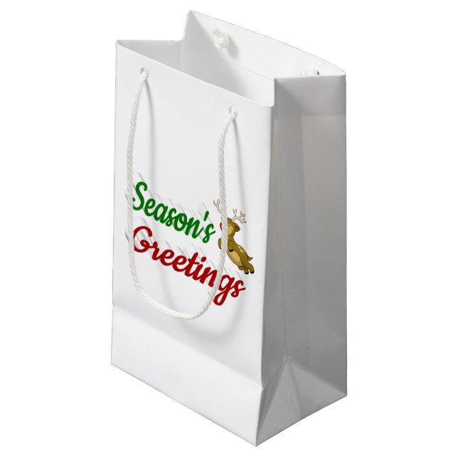 Seasons Greetings Flying Reindeer Christmas script Small Gift Bag (Front Angled)