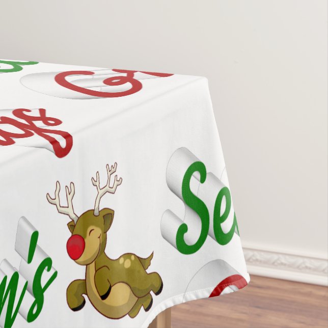 Seasons Greetings Flying Reindeer Christmas script Tablecloth (In Situ)