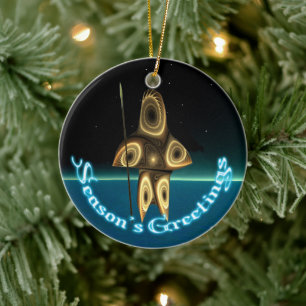 Season's Greetings - Fractal Inuit Hunter Ceramic Ornament