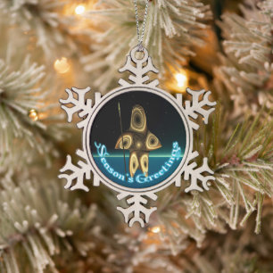 Season's Greetings - Fractal Inuit Hunter Snowflake Pewter Christmas Ornament