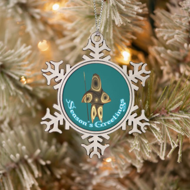 Season's Greetings - Fractal Inuit Hunter Snowflake Pewter Christmas Ornament (Tree)