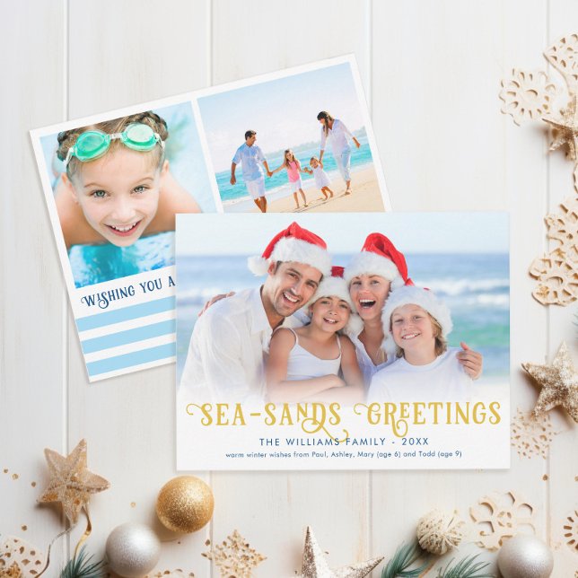 Seasons Greetings Funny Beach Holiday Card (Funny Coastal Christmas Card "Sea Sands Greetings" Season's Greetings pun with 3 photos)