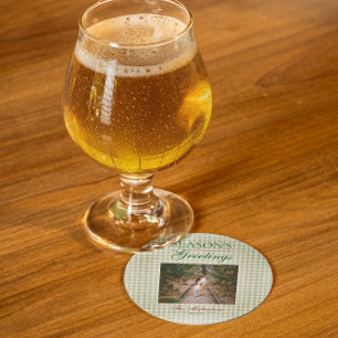 Season's Greetings Gingham Christmas Round Paper Coaster