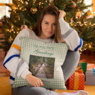 Season's Greetings Gingham Christmas Throw Pillow